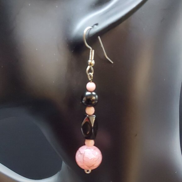 Pink and Black Dangling Pierced Earrings - Picture 3 of 4